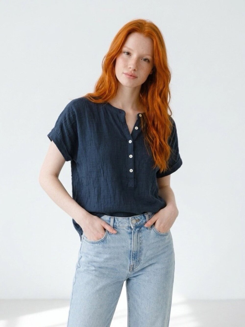 FAHERTY Blue Dream Cotton Desmond Gauze Short Sleeve Shirt Sz M